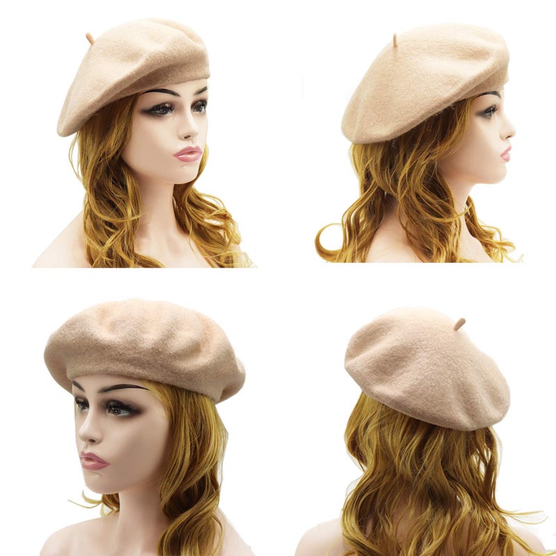 Wheebo Wool Beret Hat,Solid Color French Style Winter Warm Cap for Women Girls (Beige) - Image 2